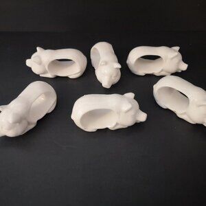 Vintage Shafford Set of 6 White Glazed Porcelain Pig Napkin Ring Holders